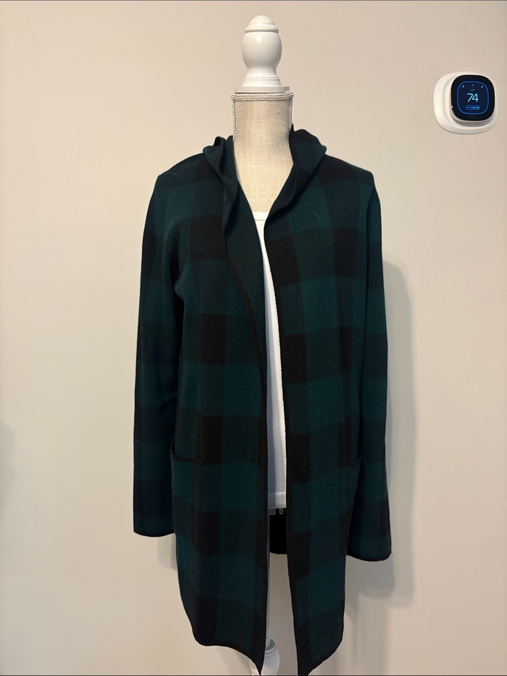 Adrienne Vittadini Teal and Black Plaid Hooded Coatigan